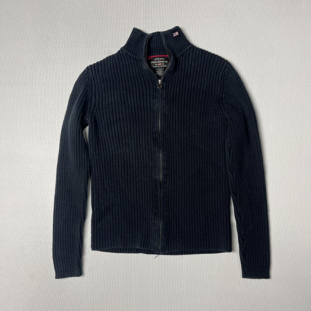 Polo Jeans Co. Sweater Mens S Black Cotton Full Zip Mock Neck Ribbed Knit